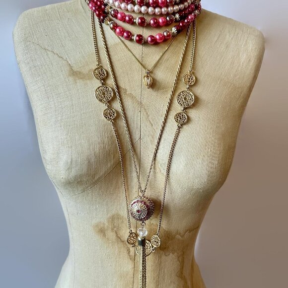 Layered Necklace Lot, God, Deep Pink, Red, Rhinestone, Bohemian, Multi Strand - Picture 1 of 8